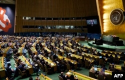 Ресейді БҰҰ Адам құқығы кеңесінен шығару туралы қарар қаралған БҰҰ Бас ассамблеясының сессиясы. 7 сәуір 2022 жыл.