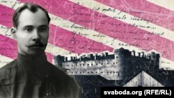 Якуб Колас на фоне Пішчалаўскага замку (каляж)