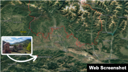 რუკაზე: შატბერდის მონასტერი და ოკუპირებული ტერიტორიები (წითლად). Google Earth-ის რუკა