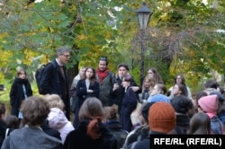 Former philosophy lecturer Denis Skopin bids farewell to his students after his dismissal in October 2022.