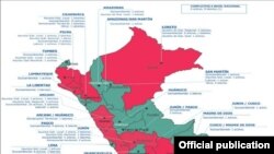 Перудагы чыр-чатактардын картасы: кызыл - 10дон көп, сары - 6-10, жашыл - 5ке чейин. (www.revenuewatch.org)