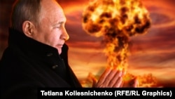 Ilustrație cu portretul lui Vladimir Putin și explozia unei bombe nucleare.
