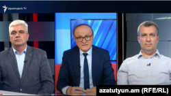 Слева направо: политолог Степан Григорян, ведущий программы на Азатутюн ТВ Грайр Тамразян и политолог Бениамин Погосян.