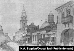 Imagine de pe strada principală a Iașului. Sunt vizibile Turnul Trei-Sfetitelor și intrarea la Biserica Catolică. (Din „Albumul do 12 vederi ale lașului1', desenat de I. Rey și litografiat de P. Miiller, în Iași, 1845)