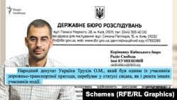 У листі Державне бюро розслідувань повідомило, що народний депутат Трухін перебуває у статусі свідка, як і решта інших учасників події