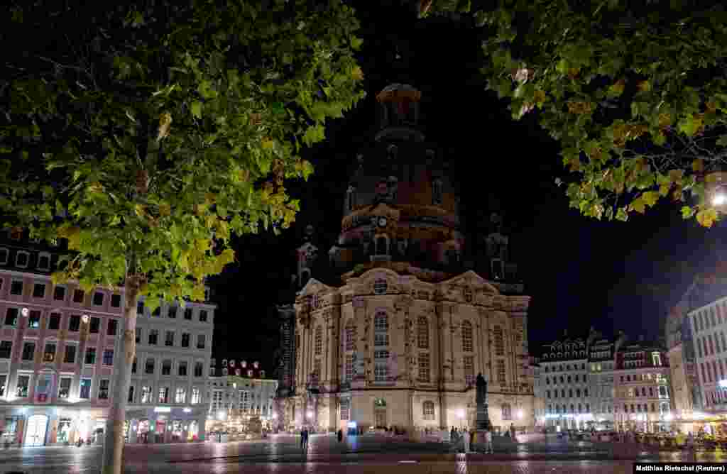 The darkened Frauenkirche in Dresden seen on August 22.&nbsp; Some have expressed fears of mass unrest in Germany as winter approaches and energy continues to be restricted and more expensive. Chancellor Olaf Scholz recently described soaring energy costs as a "powder keg for society."&nbsp;