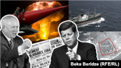 Кариб кризисин түшүндүргөн коллаж. Сүрөттө СССРдин Биринчи катчысы Никита Хрущёв, АКШнын ошол кездеги президенти Жон Кеннеди жана Кубадагы советтик ракеталардын сүрөттөрү чагылдырылган.