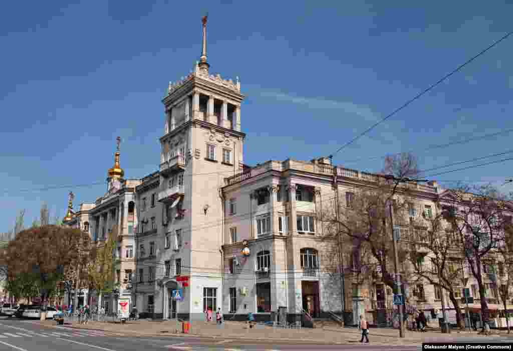 One of two historic &quot;spire houses&quot; in the center of Mariupol, photographed in May 2021.&nbsp;