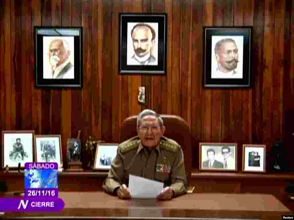 Cuba's current president, Raul Castro, announces the death of his brother, Fidel, on state television on November 26.&nbsp;