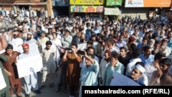 Hundreds of people protest in Swat on September 18 against the worsening security situation.