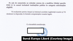 Solicitare făcută către Ministerul Dezvoltării, în septembrie 2015, de către IICCMER