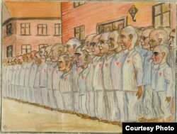 Апель шостого блоку. У шерензі стоять оунівці, що прибули 8 серпня 1942 р. (з «Альбому політв’язня», автор малюнка - член ОУН(б) Петро Балей)