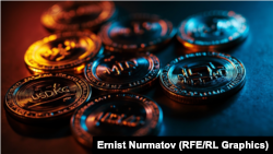 Кыргызстандын криптовалюталарын чагылдырган сүрөт. Жасалма интеллекттин негизинде жасалган.