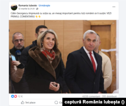 O postare despre Călin Georgescu, publicată pe pagina România Iubește, pe 13 martie, a strâns aproape 12.000 de reacții, 5.000 de comentarii și 400 de distribuiri.