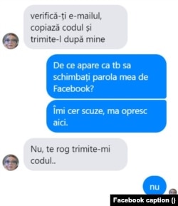 Conversație cu un necunoscut catre a „furat” contul de Facebook al Marietei Varga.