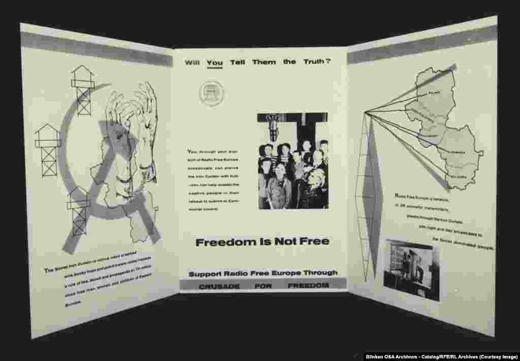 Брошюра с призывом делать пожертвования в поддержку РСЕ.Часть финансирования РСЕ поступала от частных пожертвований, но большая часть операций негласно финансировалась ЦРУ США. Это обстоятельство позволило РСЕ быть «прямолинейным и жестким», не будучи сдерживаемым затруднительными дипломатическими обстоятельствами, влияющими на вещателей с государственным финансированием