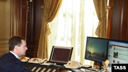 President Dmitry Medvedev records his video at the Kremlin.