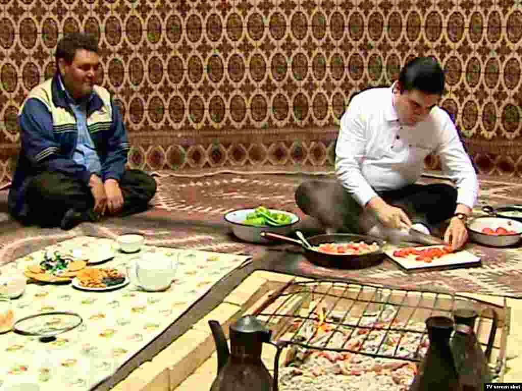 White is a highly respected color in traditionally nomadic countries like Turkmenistan, where the color is associated with milk, a key staple of the nomadic diet. Here, Berdymukhammedov, in the white shirt, visits a shepherd's yurt in Ruhabat.