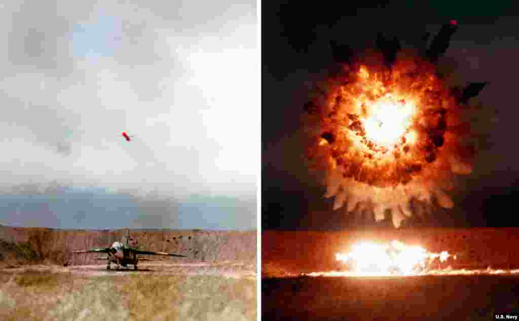 عکس‌های ترکیبی انفجار یک تاماهاوک بالای یک جت را در جریان آزمایش‌ها در سال ۱۹۸۶ نشان می‌دهنداین موشک به طول ۵.۵ متر مجهز به کلاهک جنگی‌ای است که وزنی نزدیک به نیم تن دارد و می‌تواند حدود ۱۶۰۰ کیلومتر پرواز کند.