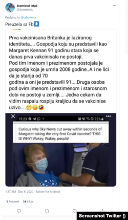 Fotografije prve vakcinacije zloupotrebljene su i za, niti jednim dokazima potkrepljene, objave da prva vakcinisana Britanka, Margaret Kinen, zapravo i ne postoji.