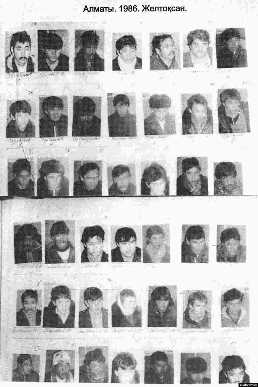Алматыдағы Брежнев атындағы алаңға шыққан қазақ жастарының наразы шеруін күшпен басып-жаншыған соң, полиция мен қауіпсіздік комитеті (КГБ) ұсталғандардың әрқайсысын суретке түсірді . Желтоқсан, 1986 жыл. Болатбек Төлепбергеннің &laquo;Біз білмейтін желтоқсан&raquo; кітабындағы сурет.