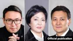 Элдар Абакиров, Клара Сооронкулова, Аймен Касенов. Шайлоого байланыштуу баннерден алынган сүрөт.