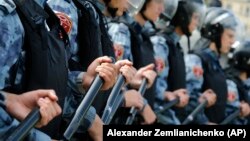 Police block a square during an unsanctioned rally in the center of Moscow on August 3. 