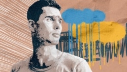 Богдан Зиза на фоне здания, облитого синей и желтой краской. Коллаж