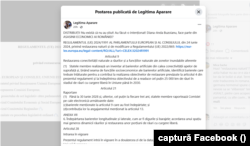 Postarea Legitimă Apărare în care se afirmă în mod fals că barajele României vor fi demolate la ordinul UE.