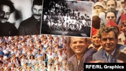 Колаж. Фото різних епох історії «Артеку». Гості табору: у верхньому кутку Йосип Сталін, у нижньому – Юрій Гагарін