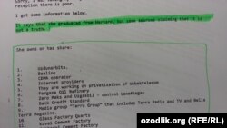 Даирбековнинг ёзишича, Гулнора Каримова “Гарвард университетини битиригани айтилади, лекин баъзи манбаларга кўра, бу ёлғон гапдир”.
