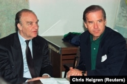 Senator Joe Biden (right) speaks with Bosnian President Alija Izetbegovic in Sarajevo in April 1993.