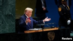 Президент США Дональд Трамп обращается к 80-й Генеральной Ассамблее Организации Объединенных Наций в штаб-квартире ООН в Нью-Йорке, США, 23 сентября 2025 года