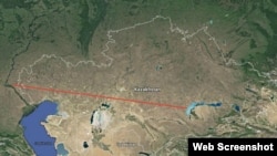 Ресейдің Капустин Яр полигонынан Қазақстанның Сарышаған әскери полигонындағы нысанаға бағытталған зымыранның картадағы траекториясы. (Көрнекі сурет)