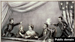 Litografia reprezentând asasinarea lui Abraham Lincoln în teatrul din Washington.
