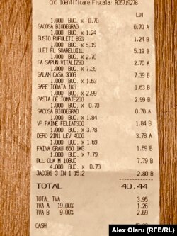 Bon de cumpărături în valoare de 40 de lei și 44 de bani.