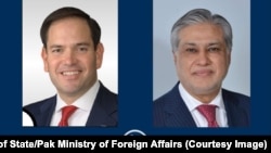 د امریکا د بهرنیو چارو وزیر مارکو روبیو (کيڼ) او د پاکستان مرستیال وزيراعظم اسحاق ډار (ښی) د اپرېل پر اوومه ټېلېفوني خبري وکړې.