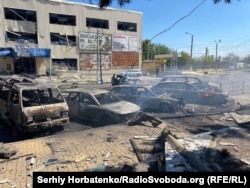 The aftermath of a Russian strike on Druzhkivka in the Donetsk region on August 2.
