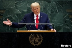 Президент США Дональд Трамп обращается к 80-й Генеральной Ассамблее Организации Объединенных Наций в штаб-квартире ООН в Нью-Йорке. США, 23 сентября 2025 года