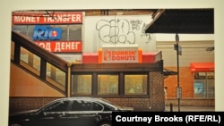 An exhibit photo of a doughnut shop in Brighton Beach, a Russian-speaking neighborhood in New York