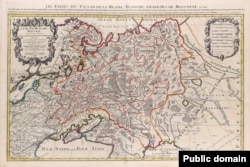 Карта Московії Ніколи Сансона, опублікована Юбером Жайо («Піратська» версія, видана в 1692 році в Амстердамі П’єром Мортьє). Тут цікаве лінійне кольорування (як і на мапі, що її розглядав Путін). Але знову ж таки: Україна не зафарбована як частина Московії