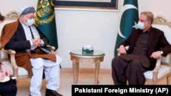 دیدار شاه محمود قریشی (راست)، وزیر خارجه پاکستان با محمد کریم خلیلی