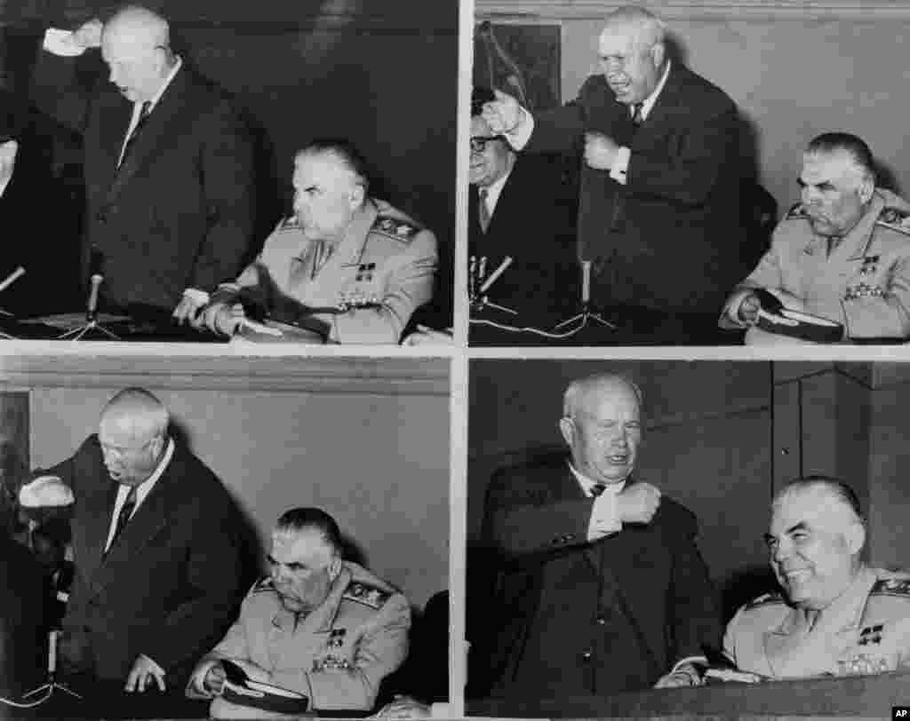 Радянський лідер Микита Хрущов трясе кулаком і вимагає вибачень від США на пресконференції 18 травня 1960 року в Парижі. Американський літак-розвідник був збитий приблизно за два тижні до зустрічі глав держав Сходу і Заходу у французькій столиці. Зустріч між Хрущовим, президентом США Дуайтом Ейзенхауером, президентом Франції Шарлем де Голлем і прем&#39;єр-міністром Великої Британії Гарольдом Макмілланом зазнала краху і призвела до зростання напруженості в Холодній війні