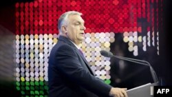 Hungary's Prime Minister Viktor Orban delivering his annual state of the nation speech in Budapest on February 22, 2025