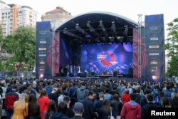 Artists perform during the opening of the Eurovision Village in central Kyiv on May 4.