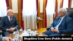 Ruski ambasador Aleksandar Lukašik sa predsjednikom Skupštine Crne Gore Andrijom Mandićem, 3. jul 2025.
