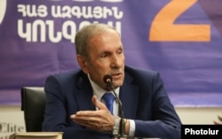 Levon Ter-Petrosian speaks at a press conference in Yerevan on June 10.