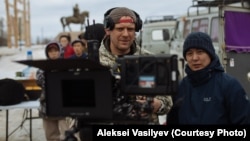Director Dmitry Davydov on location outside Amga.