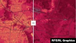 تصویر از حرارت سطح زمین در کابل. تصویر چپ از ۵ جون ۲۰۱۵ و تصویر راست از ۲۴ جون ۲۰۲۵ است