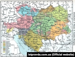 Етнічна мапа Австро-Угорської монархії з американського атласу 1911 року. Українці позначені як рутени (Ruthenians), світло-зелена частина карти